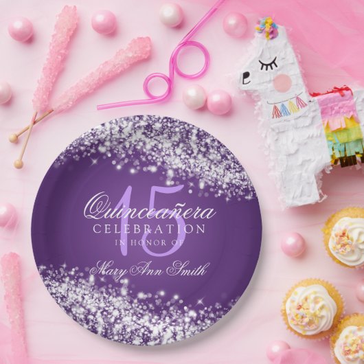 キンセアニェラの誕生会のきらめくな波の紫色 ペーパープレート (パーティー)