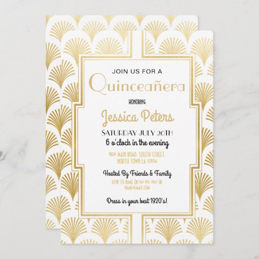 キンセアニェラの誕生会のGatsbyのアールデコの金ゴールド 招待状 (正面/裏面)