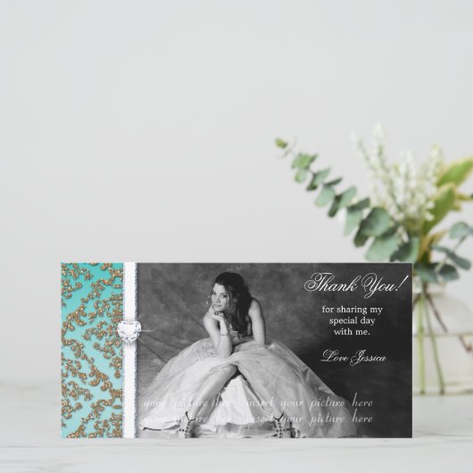 キンセアニェラのSweet sixteenの卒業生のダマスク織の写真カード サンキューカード (スタンド正面)