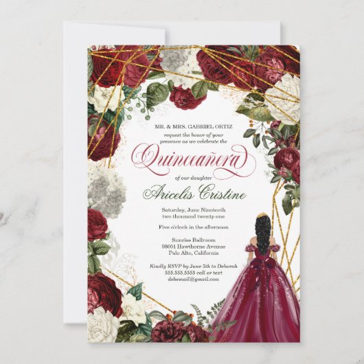 キンセアニェラはガウンエレガントとブルゴーニュ花模様を持つ 招待状 (正面)