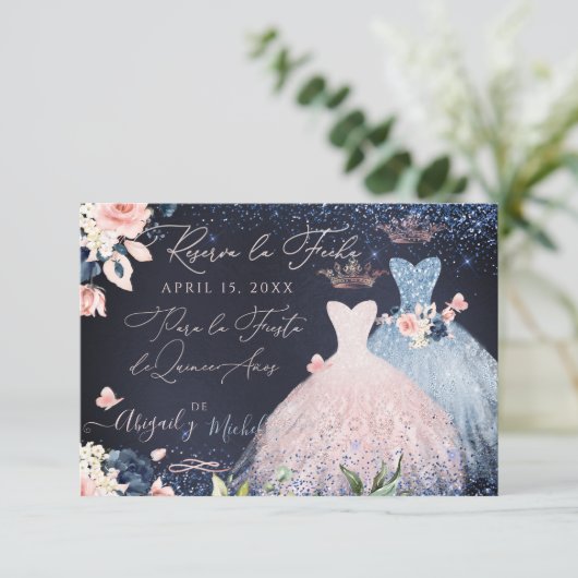 キンセアニェラは日付を保存Dusty Blue Gown 招待状 (スタンド正面)