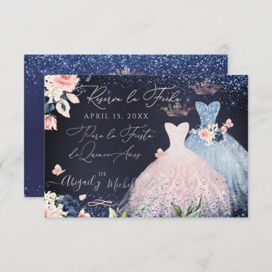 キンセアニェラは日付を保存Dusty Blue Gown 招待状 (正面/裏面)