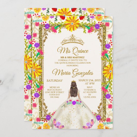 キンセアニェラアイボリーホワイトフカラフルァワーズ誕生日 招待状 (正面/裏面)