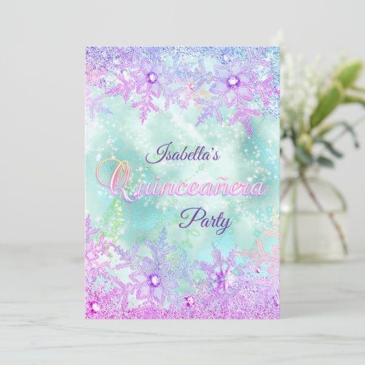 キンセアニェラウィンターティール（緑がかった色）ブルーパープルピンク 招待状 (スタンド正面)