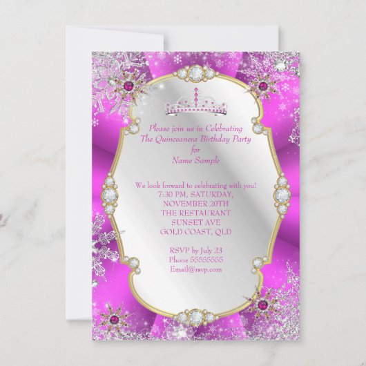 キンセアニェラウィンターワンダーランドホットピンク金ゴールドシルバー 招待状 (裏面)