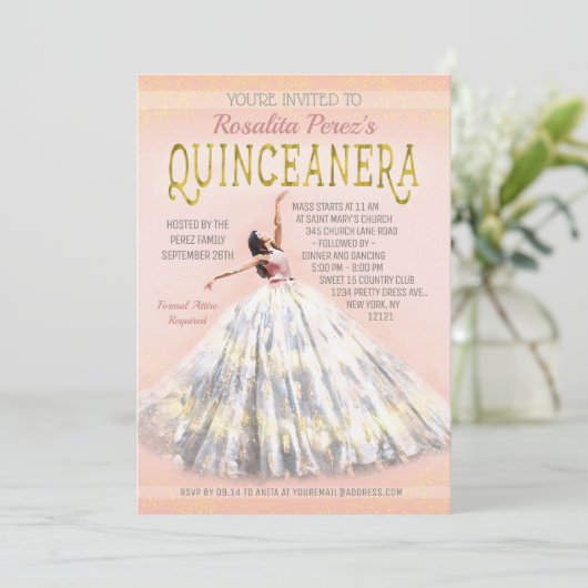 キンセアニェラウォーターカラードレス赤面ピンク金ゴールド ファンシー 招待状 (スタンド正面)