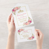 キンセアニェラウォーターカラーピンクフローラ金ゴールドクラウン オールインワン招待状 (貼ってはがせる)