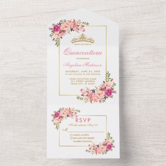 キンセアニェラウォーターカラーピンクフローラ金ゴールドクラウン オールインワン招待状 (内側)