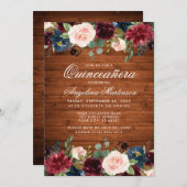 キンセアニェラウッド素朴ブルガンディブルーピンクフローラ 招待状 (正面/裏面)