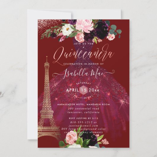 キンセアニェラエッフェルタワー、赤面ブルゴーニュフラワーズ 招待状 (裏面)