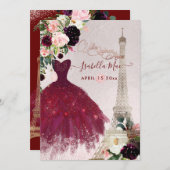 キンセアニェラエッフェルタワー、赤面ブルゴーニュフラワーズ 招待状 (正面/裏面)