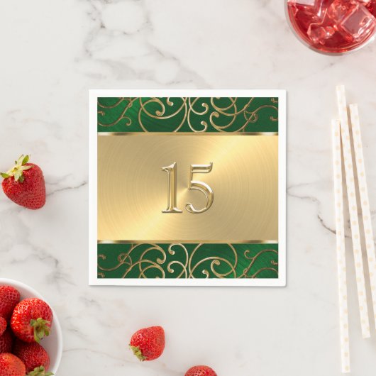 キンセアニェラエメラルドグリーンと金ゴールドフィリグリーの渦巻き スタンダードカクテルナプキン (インサイチュ)