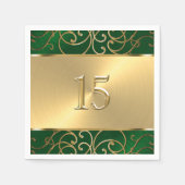 キンセアニェラエメラルドグリーンと金ゴールドフィリグリーの渦巻き スタンダードカクテルナプキン (正面)