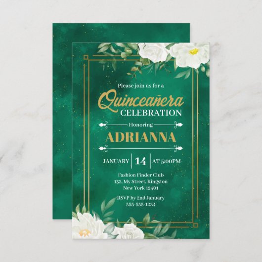 キンセアニェラエメラルドグリーンウォーターカラーホワイトフローラ 招待状 (正面/裏面)