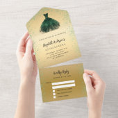 キンセアニェラエメラルドグリーン金ゴールドドレスグリッターRSVP オールインワン招待状 (貼ってはがせる)