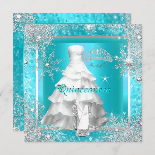 キンセアニェラエリートエレガントティール（緑がかった色）バースデーパーティー2 招待状 (正面/裏面)