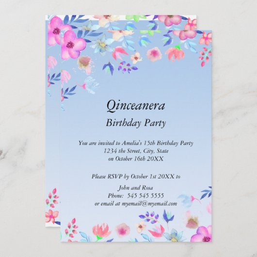 キンセアニェラエレガントとモダンバースデーパーティー青 招待状 (正面/裏面)