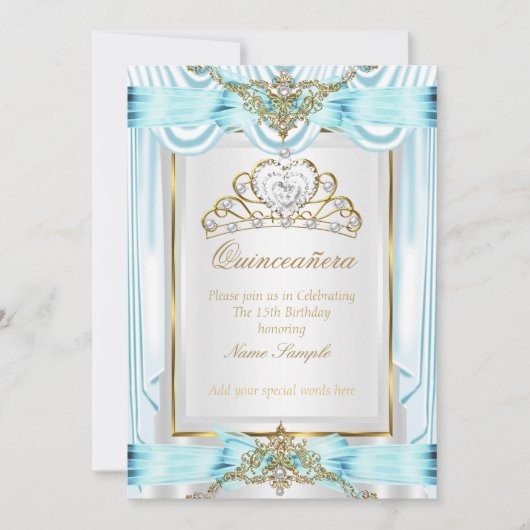 キンセアニェラエレガントティール（緑がかった色）ブルー金ゴールドシルバーホワイト 招待状 (正面)