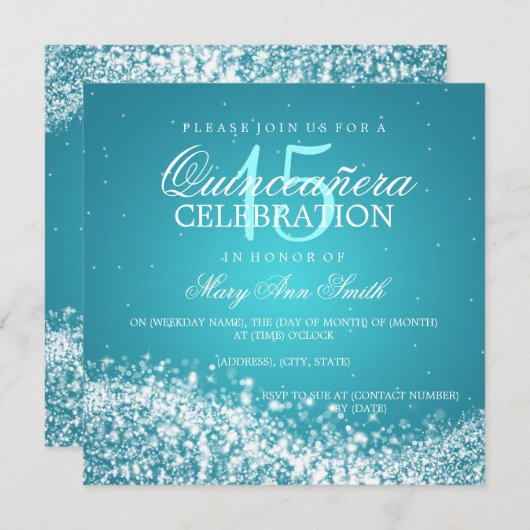 キンセアニェラエレガントパーティーきらめくウェーブ2ターコイ 招待状 (正面/裏面)