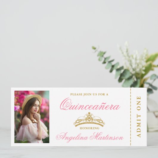 キンセアニェラエレガントフォトピンクと金ゴールドチケット 招待状 (スタンド正面)