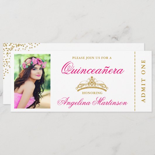 キンセアニェラエレガントフォトホットピンクと金ゴールドチケット 招待状 (正面/裏面)