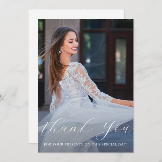 キンセアニェラエレガントフローラスクリプトありがとう写真 招待状 (正面/裏面)