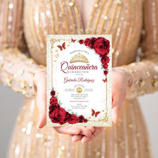 キンセアニェラエレガントレッドローゼス金ゴールドホワイト 招待状