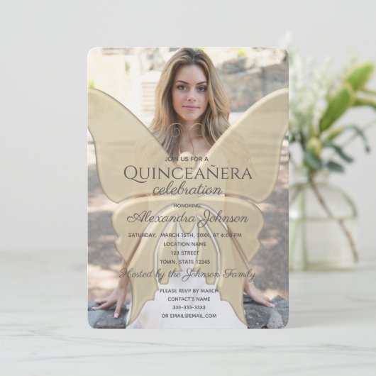 キンセアニェラエレガント蝶金ゴールドグリッター写真 招待状 (スタンド正面)