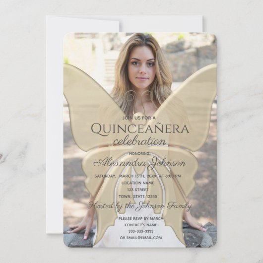 キンセアニェラエレガント蝶金ゴールドグリッター写真 招待状 (正面)