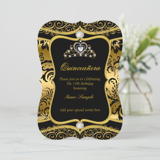 キンセアニェラエレガント金ゴールドブラックダマスクティアラ招待状 招待状 (スタンド正面)