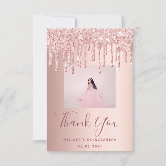 キンセアニェラカスタムフォトバラ金ゴールドピンクグリッター サンキューカード (正面)