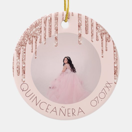 キンセアニェラカスタムフォトバラ金ゴールドピンクグリッター セラミックオーナメント (正面)