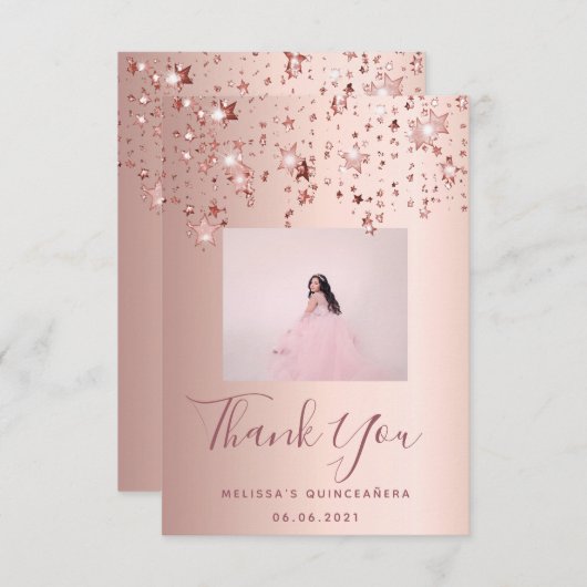 キンセアニェラカスタムフォトバラ金ゴールドピンク星 サンキューカード (正面/裏面)