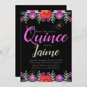 キンセアニェラクインズウォーターカラーフローラピンクブラック 招待状 (正面/裏面)