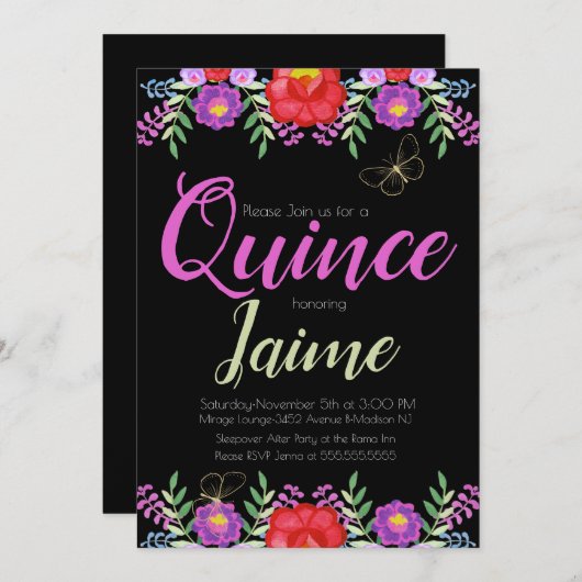 キンセアニェラクインズウォーターカラーフローラピンクブラック 招待状 (正面/裏面)