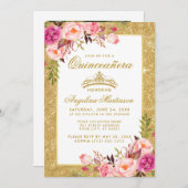 キンセアニェラクラウンピンクフローラ金ゴールドグリッター写真 招待状 (正面/裏面)