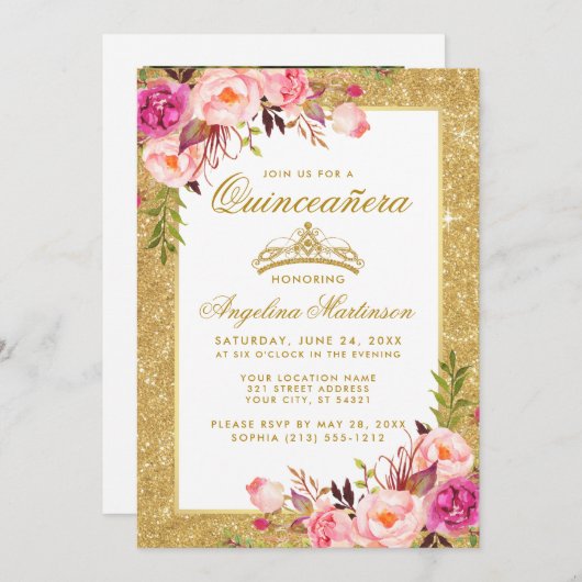 キンセアニェラクラウンピンクフローラ金ゴールドグリッター写真 招待状 (正面/裏面)