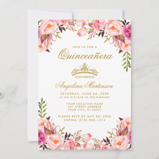 キンセアニェラクラウンピンク赤面フローラ金ゴールド 招待状 (正面)