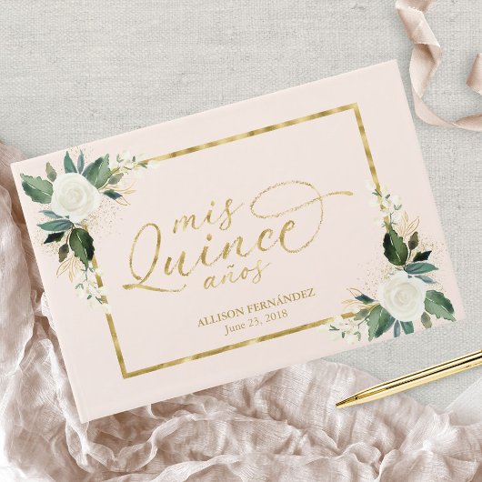 キンセアニェラゲストブックピンク赤面ゴールドフォイルフローラ ゲストブック