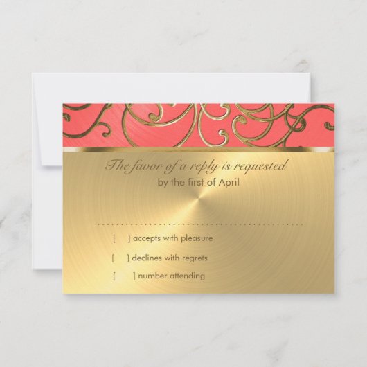 キンセアニェラコーラルピンクと金ゴールドフィリグリー渦巻き 出欠カード (裏面)