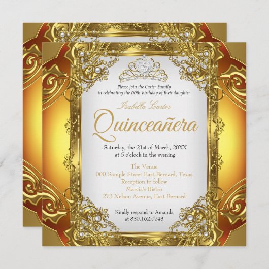 キンセアニェラゴールデンホワイトパールレースティアラ誕生日 招待状 (正面/裏面)