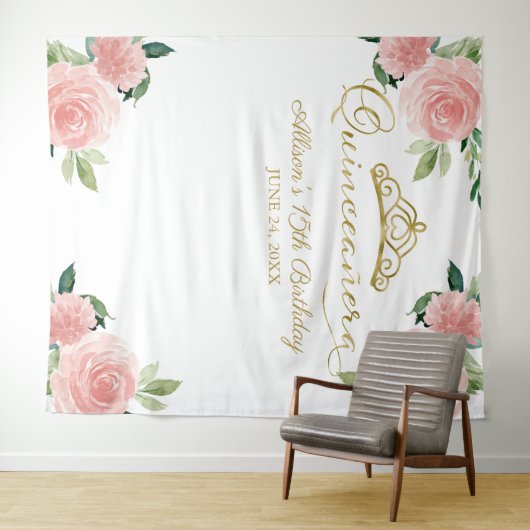 キンセアニェラゴールドフォイルティアラピンクフローラ背景 タペストリー (インサイチュ(横))