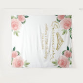 キンセアニェラゴールドフォイルティアラピンクフローラ背景 タペストリー (正面(横))