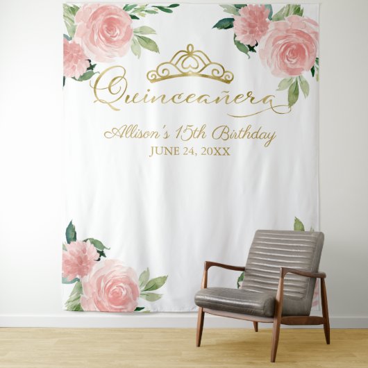 キンセアニェラゴールドフォイルティアラピンクフローラ背景 タペストリー (インサイチュ)