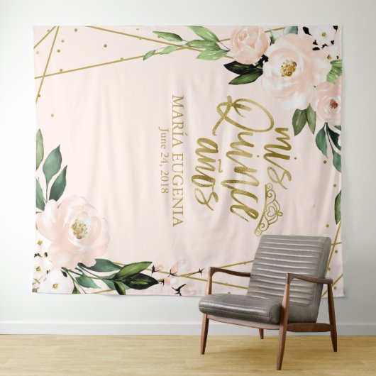 キンセアニェラゴールドフォイル赤面ピンクフローラ背景 タペストリー (インサイチュ(横))