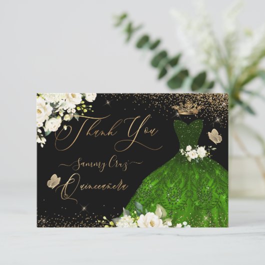 キンセアニェラサンキューエメラルドグリーングリッターガウン サンキューカード (スタンド正面)