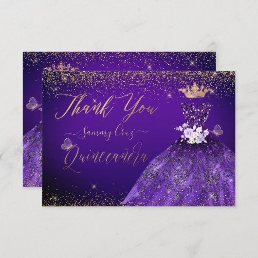 キンセアニェラサンキューパープルグリッターガウン サンキューカード (正面/裏面)