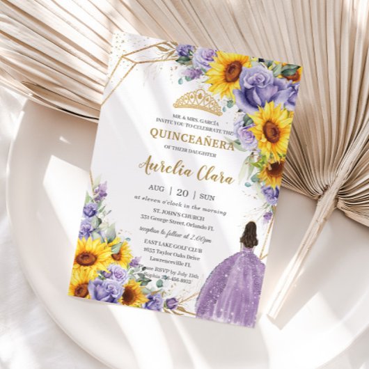 キンセアニェラサンフラワーパープルラベンダーフローラ金ゴールド 招待状