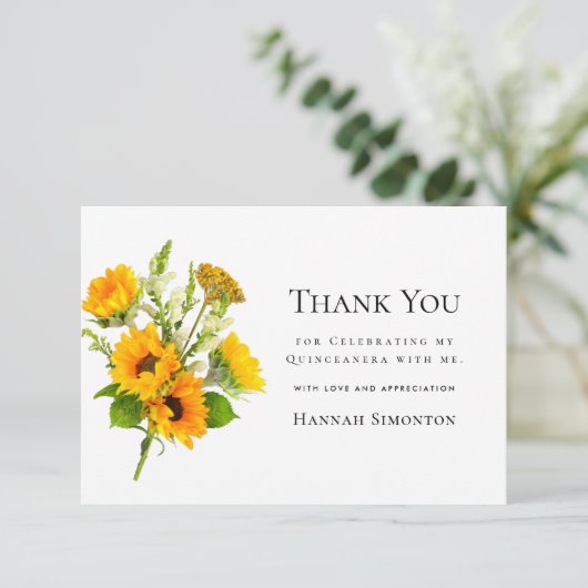 キンセアニェラサンフラワーブーケパーソナライズされた サンキューカード (スタンド正面)