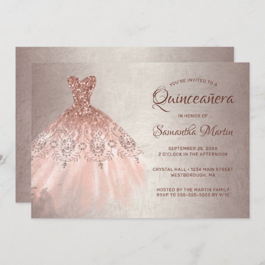 キンセアニェラシックバラ金ゴールドグリッタードレスパーティー 招待状 (正面/裏面)